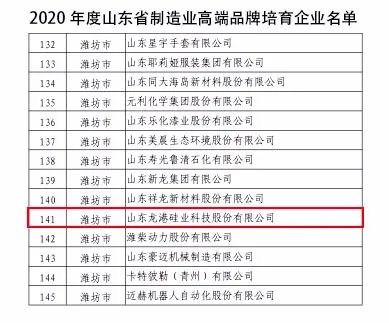 龍港硅業(yè)成功入選“山東省制造業(yè)高端品牌培育企業(yè)”！